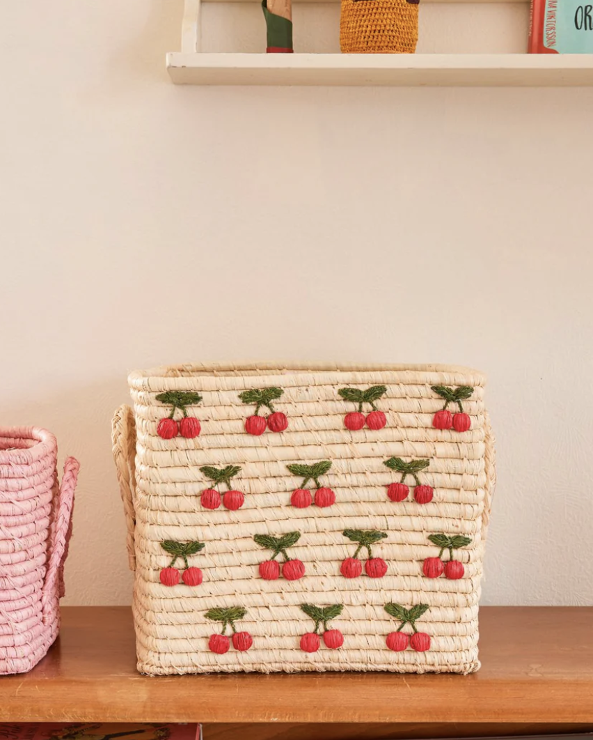 raffia square basket with small cherries - rice