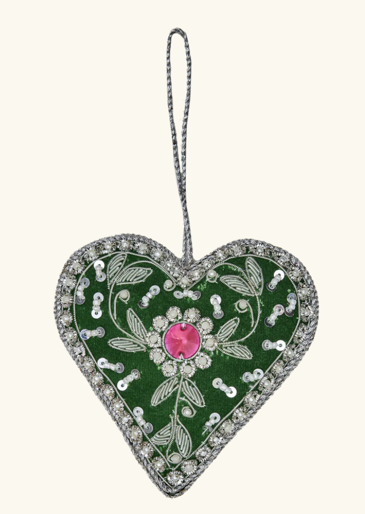 christmas fabric ornament with beads heart shape - rice